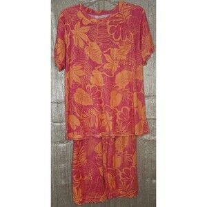 Cuddl Duds Tropical Terry Cloth 2pc Lounge Set Pink Orange Wide Leg L Patio Pool